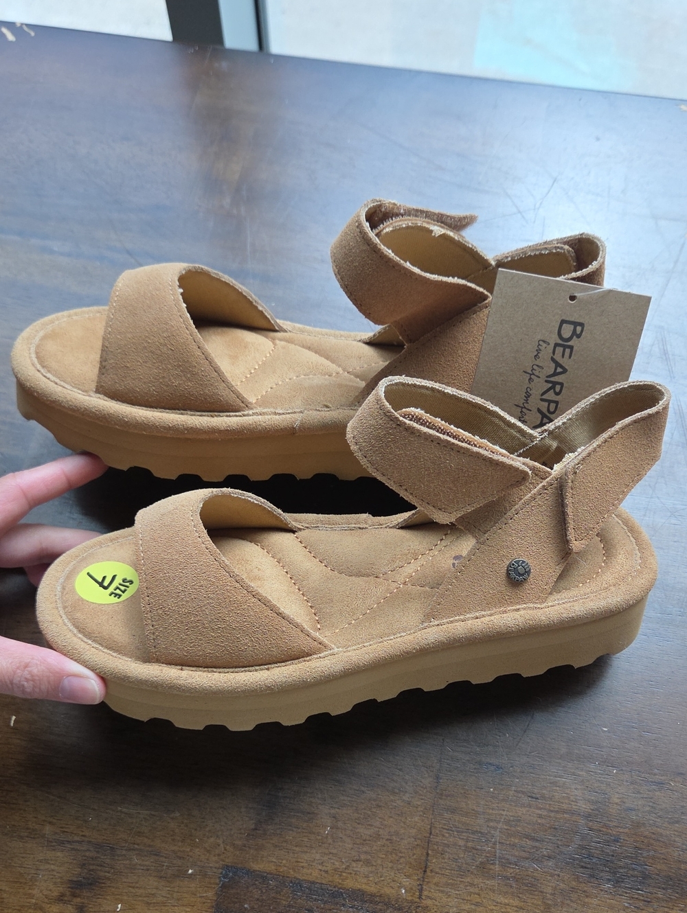 BearPaw Size 7 Women's Tan Suede Velcro Strap Sandals NEW